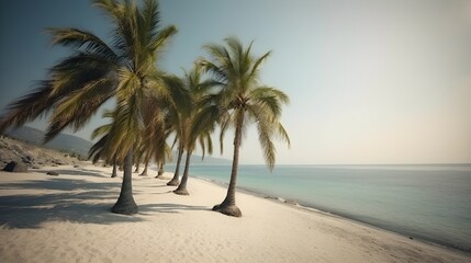 Fototapeta na wymiar Palmy Trees Grace a Beautiful Sandy Beach, Basking in the Warmth of the Sun