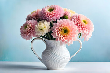 Chrysanthemum bouquet in a vase on a light blue background