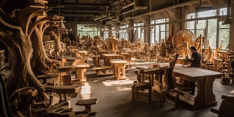 AI Generated. AI Generative. Logging carpentry wood timber sawmill furniture factory. Graphic Art - obrazy, fototapety, plakaty