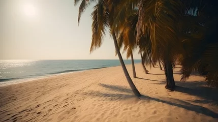 Gordijnen Palmy Trees Stand Tranquil on a Sandy Beach, Creating a Serene Atmosphere © Ranya Art Studio