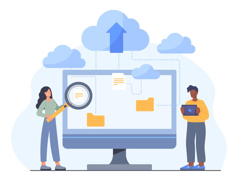 People with clouds data concept. Online service for storing and sharing information. Downloading and uploading files and documents. Storage and archive, server. Cartoon flat vector illustration
