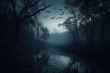 bats in flight over a moonlit lake. Generative AI