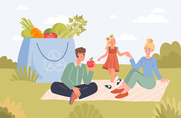 Family with healthy food at picnic concept. Man and woman with child near large bag of vegetables and fruits. Proper nutrition and vegetarian diet. Cartoon flat vector illustration