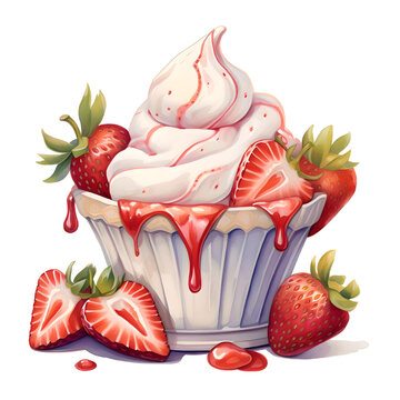 Ice cream in a cup Strawberry mint on PNG background, Watercolor illustration, Generative AI