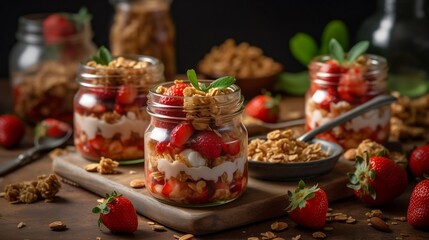 Healthy breakfast of strawberry parfaits. Generative AI