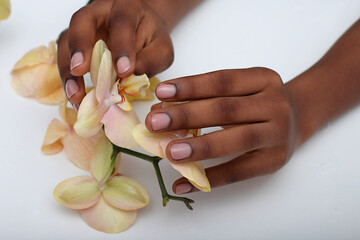 African American woman hands;  black skin manicure on white background