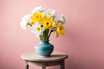 Daffodil vase arrangement on a light pink background