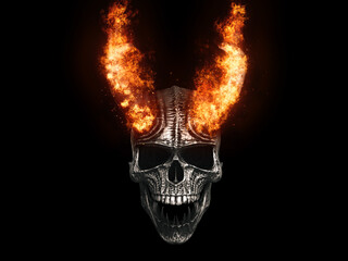 Demon skull with horns on fire - isolated on black background