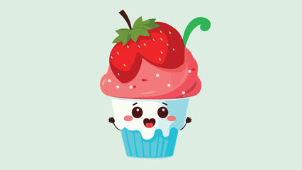 Cute cartoon cupcake character with strawberry. 