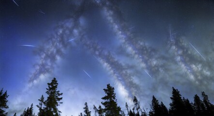 Abstract time lapse night sky with shooting stars over forest landscape. Milky way glowing lights background, generative ai