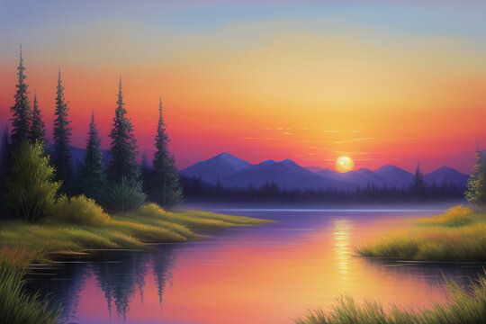 A painting of a sunset over a lake, an airbrush painting, deviantart, american scene painting, impressionism, soft mist, AI
