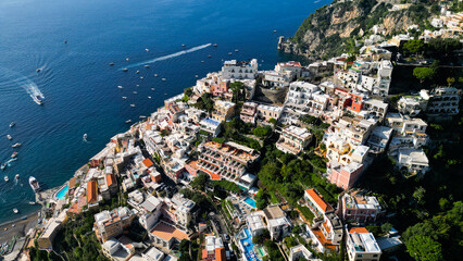 Drone aerial view of Positano Italy town in Amalfi coast