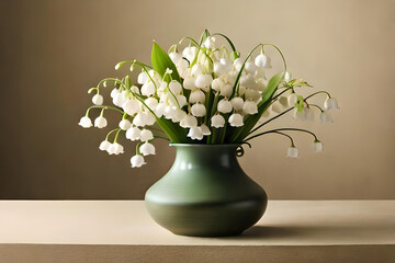 Lily of the Valley bouquet in a vase on a beige background