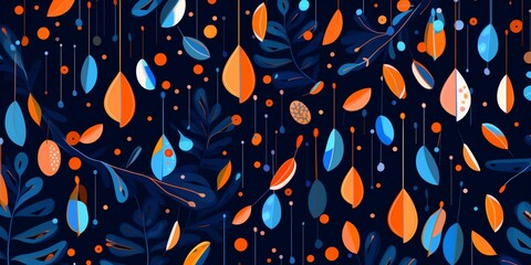 A beautiful pattern or wallpaper made of orange and pastel blue leaves on dark blue background. Simple design for fabric print. Illustration. Generative AI