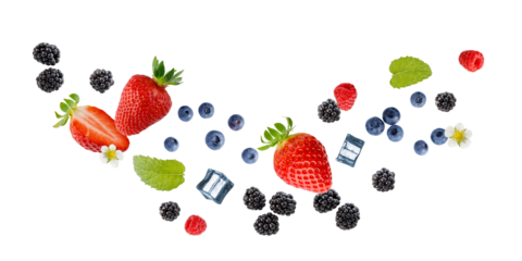 Fresh ripe strawberry, raspberry, blueberry and blackberry berries, mint leaves and ice cubes flying falling isolated on white background.