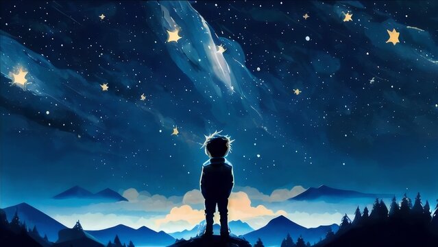 Boy looking at night starry sky - illustration