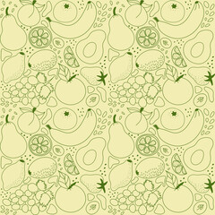 Pattern of contour Fruits and Berries. Food. Citruses - orange, mandarin. Exotic - banana, kiwi. Vitamins, healthy eating, veganism. Seamless pattern for wrapping. Drawn by hand. Vector illustration.