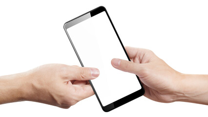 Hands sharing black smartphone, cut out