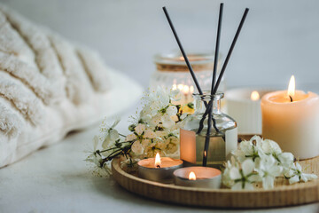 Cozy home decor, hygge and aromatherapy concept. Comfortable atmosphere, spring delicious fresh...