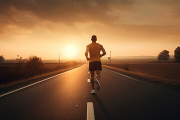 Athletic man jogging on a road with a sunset in the background, his face not visible, fading into the horizon.