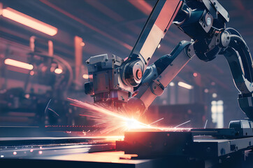 Industrial robot in a factory welding and doing high-tech work - automation concept AI