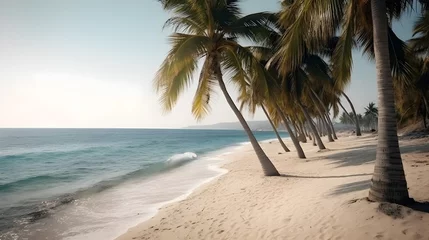 Fotobehang Palmy Trees and Sandy Beach Bathed in Warm Sunlight © Ranya Art Studio