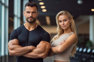 Smiling athletic couple poses and show their perfect body muscles. Generative AI