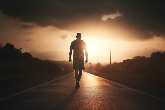 Athletic man walking on a road into the sunset, with the sun setting behind him. View from the back, only showing his legs and the silhouette of his body.