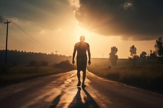 Athletic Man Walking On A Road Into The Sunset, With The Sun Setting Behind Him. View From The Back, Only Showing His Legs And The Silhouette Of His Body.