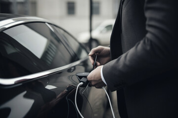 Close up of businessman plugging in his electric car, checking the charging status on his smartphone.