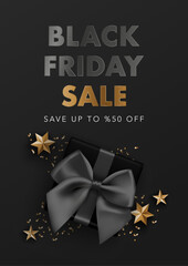 Fototapeta na wymiar Black Friday Sale poster template with black realistic ribbon gift box, golden stars, confetti and luxury black and gold lettering. Vector illustration for Christmas, phone, web site, banner, sale