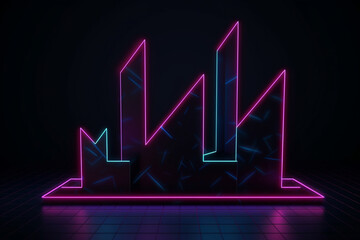 Create a 3D render of an abstract minimalist geometric background with three neon arrows pointing to a linear rising chart, ending with a point.