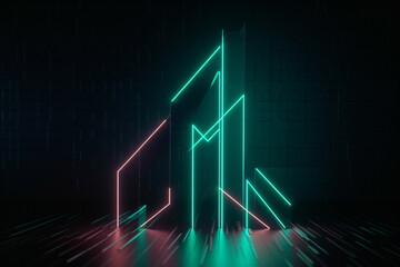Naklejka premium Create a 3D render of an abstract minimalist geometric background with three neon arrows pointing to a linear rising chart, ending with a point.