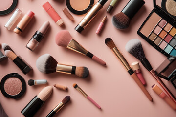 Cosmetics isolated on pink color pastel background.Make up set.Top view of a make up set.Created with generative ai