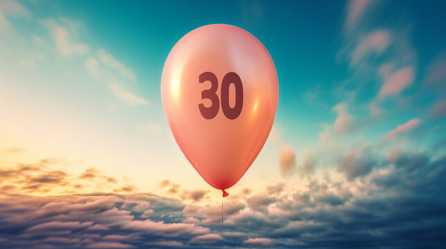 Create a stock image of a balloon floating against a gradient sky background, with a number between 10 and 80 on it, ending with a point.