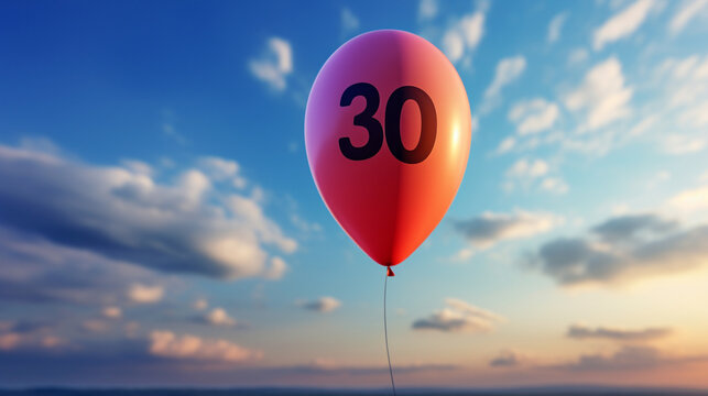 Create a stock image of a balloon floating against a gradient sky background, with a number between 10 and 80 on it, ending with a point.