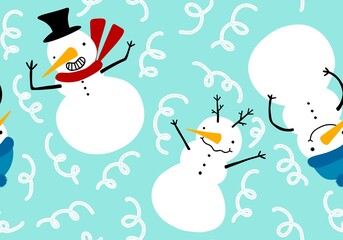 Christmas cartoon snowman seamless snowflakes and penguin and gifts box and candy and socks and gloves pattern