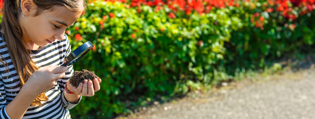 Children examine the soil with a magnifying glass. Selective focus.