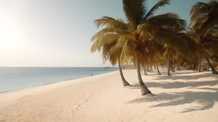 Fotobehang Palmy Trees Stand Proud on a Sandy Beach, Creating a Postcard-worthy Scene of Sun, Sand, and Clear Waters © Ranya Art Studio