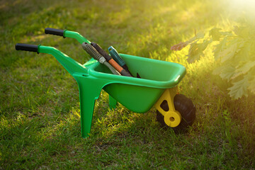 A garden cart with equipment for cleaning the garden.Children's plastic trolley of green color on...