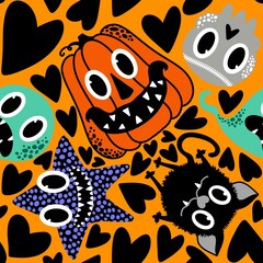 Cartoon Halloween seamless pumpkins and ghost and cat and skulls and starfish pattern for wrapping paper