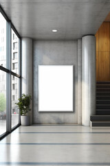 An empty room with stairs and a large window. Generative AI. Poster canvas mockup.