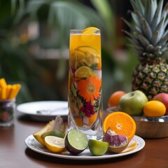 Fototapeta premium Tall Glass of Colorful and Refreshing Es Teler with Tropical Fruits