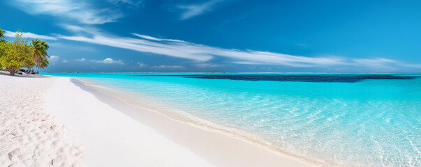 Fototapeta na wymiar beach with blue sky and exotic landscape of caribbean island, generative artificial intelligence
