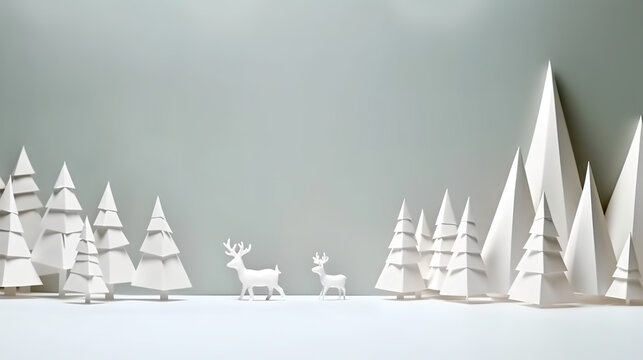 A group of paper christmas trees and deer. Generative AI background with copy space.