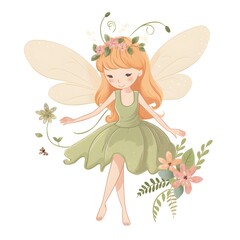 Fototapeta na wymiar Fairy wings and blooms, adorable illustration of colorful fairies with cute wings and floral splendor