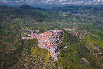 Aerial view of Italian hilltop town, Rotondella at daytime in the Calabria Region
