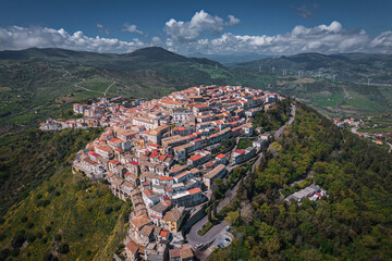 Aerial view of Italian hilltop town, Rotondella at daytime in the Calabria Region