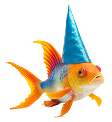 Gold fish with party hat isolated on a transparant background, clipart for printing and presentations
