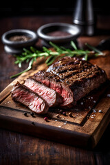 Traditional American barbecue bavette steak with salt and pepper served as close-up front view on a wooden design board, Generative AI.